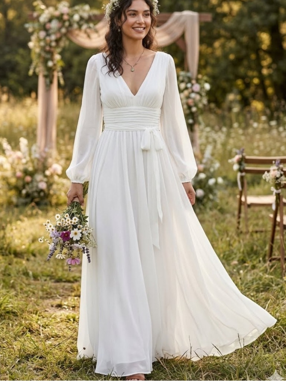 New Lulus Elegant White V-Neck Long Sleeve Chiffon Maxi Dress Sz XL